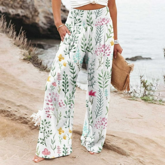 Brnmxoke Palazzo Pants for Women Wide Leg,Women Summer High Waisted Cotton Linen Beach Pants Boho Printed Wide Leg Long Lounge Pant Trousers with Pocket