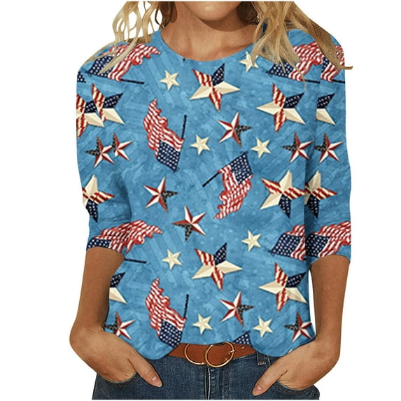 Brnmxoke Patriotic Shirts for Women 2024 Clearance,Womens American Flag 3/4 Sleeve Shirt 4Th of July Independence Day Crewneck Cute Festival Tops Blue,S