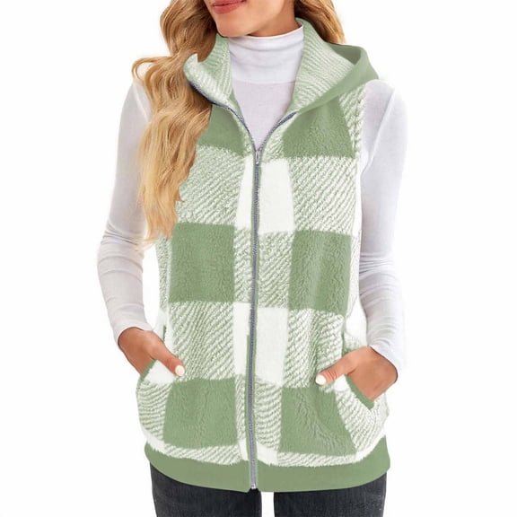 Brnmxoke Plaid Flannel Vest Women Trendy Casual Zip Up Sleeveless Shacket Vests Fleece Hooded Pockets Outerwear Waistcoat Green,S