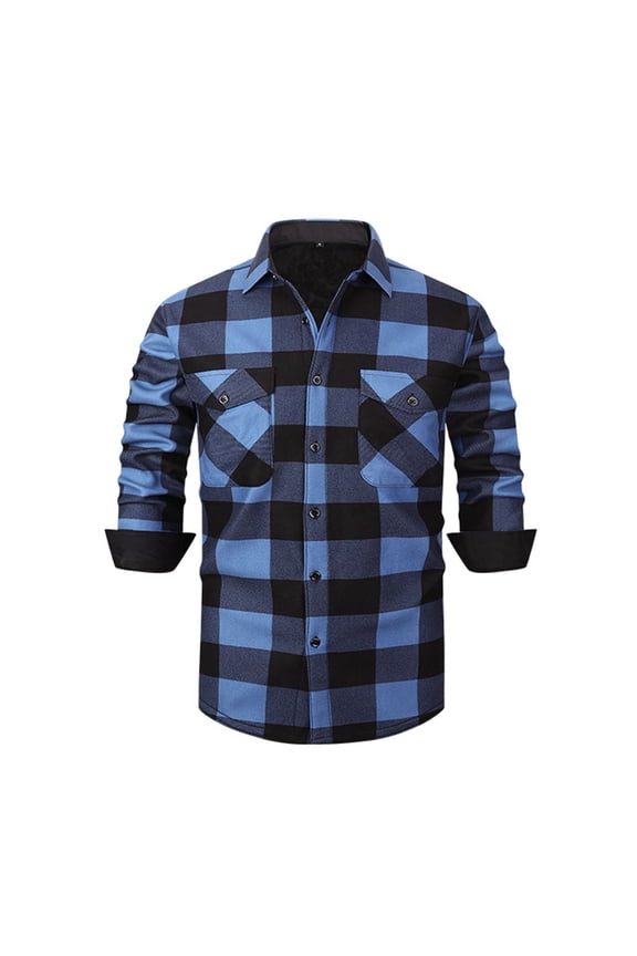 Plaid Jacket Mens Flannel Fleece Lined Thicken Warm Shirts Button Up Winter Outerwear Coat with Pockets Blue,L
