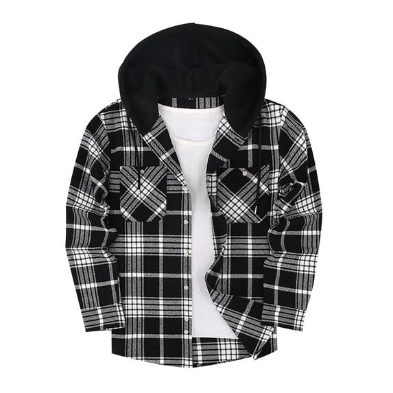Brnmxoke Plaid Jacket with Hood Men Flannel Hoodie Shirt Casual Button Down Plaid Jacket Shirts Stylish Long Sleeve Shirts with Pocket White,XXL