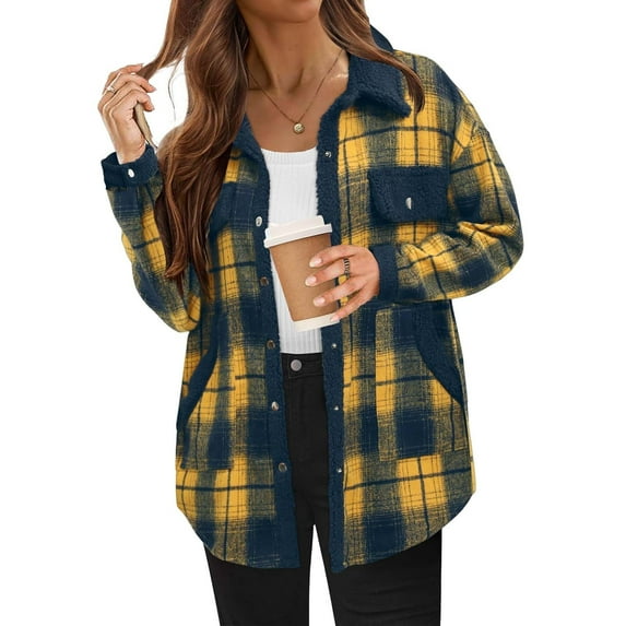 Brnmxoke Plaid Jackets for Women Causal Sherpa Fleece Flannel Shacket Jacket Loose Collared Button Down Long Sleeve Fall Winter Coats Tops