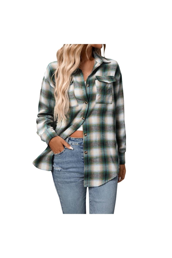 Plaid Shirt Womens Flannel Button Down Cuffed Shacket Blouses Collared Business Casual Work Long Sleeve Fall Tops with Pockets Green,S