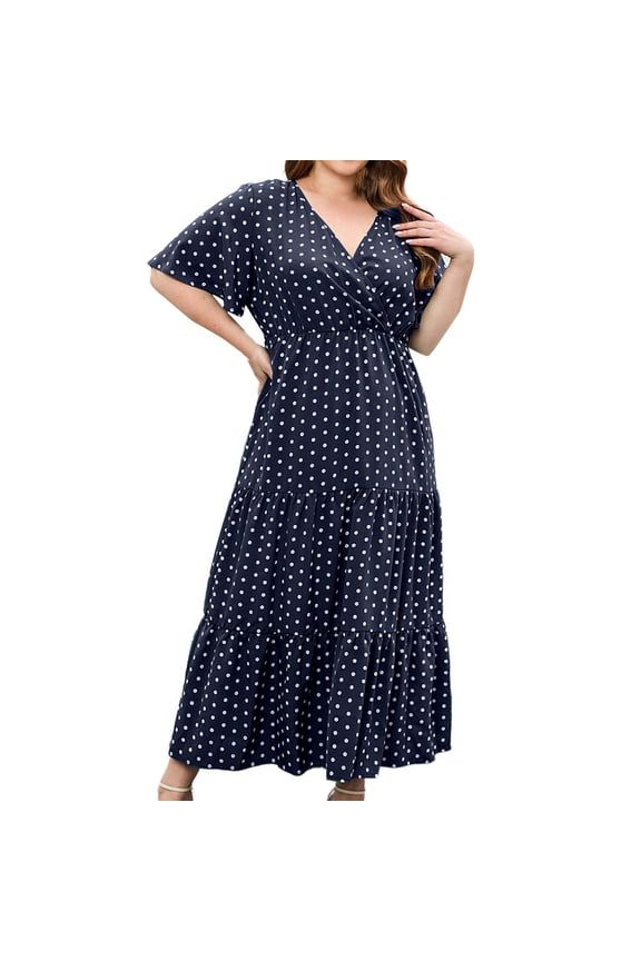 Plus Maxi Dresses for Women 2026 Short Sleeve Swiss Dot Maxi Dresses Wrap V Neck Boho Casual Flowy Long Wedding Guest Dress Blue,XXXXL