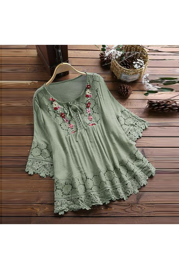 Plus Size 3/4 Sleeve Blouse Women Vintage Lace Patchwork Bow V-Neck Embroidery Summer Three Quarter Retro Solid Tops T-Shirt S-5XL