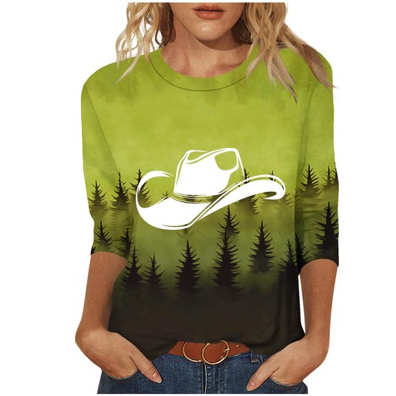 Brnmxoke Plus Size 3/4 Sleeve Tops for Women Summer Western Cowboy Hat Print Tunic Shirts Dressy Casual Loose Fit Blouses 2025 Mint Green,XXL