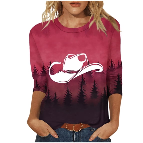 Brnmxoke Plus Size 3/4 Sleeve Tops for Women Summer Western Cowboy Hat Print Tunic Shirts Dressy Casual Loose Fit Blouses 2025 Red,XXXXXL