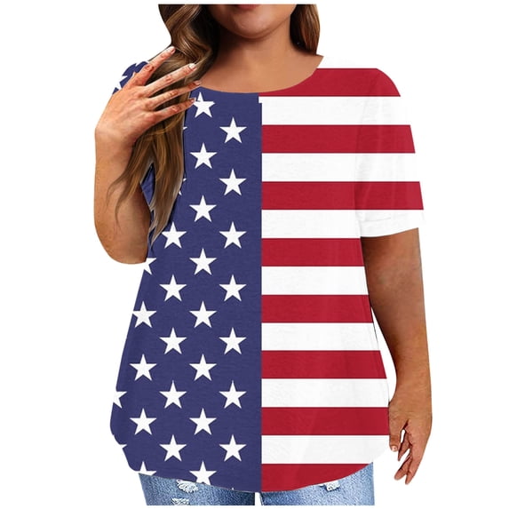 Brnmxoke Plus Size American Flag Shirt Women 4th of July T Shirt Cute Summer USA Stars Stripes Graphic Tee Shirt Patriotic Short Sleeves Tee Tops Red,XXL