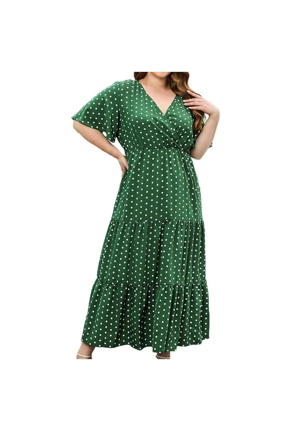 Plus Size Boho Maxi Dresses for Curvy Women Short Sleeve Swiss Dot Maxi Dresses Wrap V Neck Boho Casual Flowy Long Wedding Guest Dress Green,XXXL