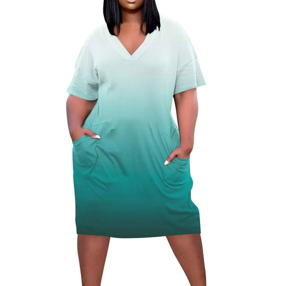 Brnmxoke Plus Size Dresses for Curvy Women Gradient Color Oversize T Shirt Midi Dress Loose Short Sleeve V Neck Tie Dye Print Dress 2025 Multicolor,XL