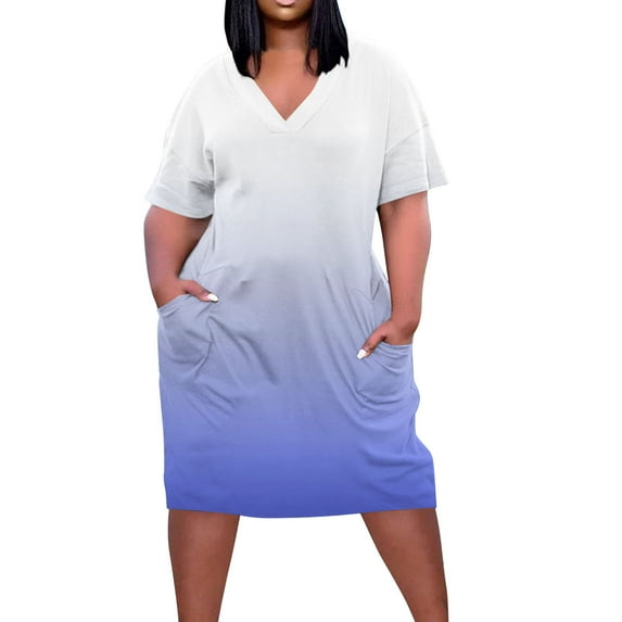 Brnmxoke Plus Size Dresses for Curvy Women Gradient Color Oversize T Shirt Midi Dress Loose Short Sleeve V Neck Tie Dye Print Dress 2025 Multicolor,XXL
