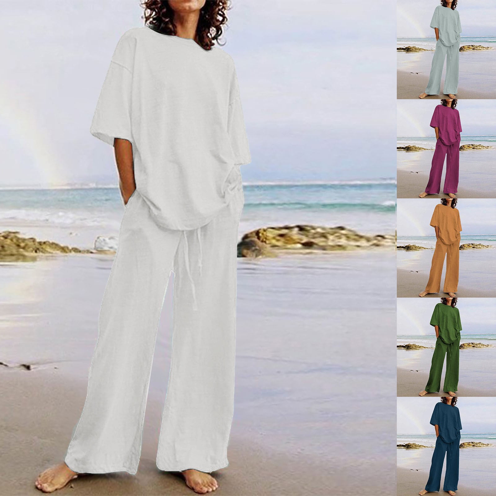 Plus Size Beige Asymmetrical Tie Waist Linen Two Pieces Set Spring HA1036 main image 0