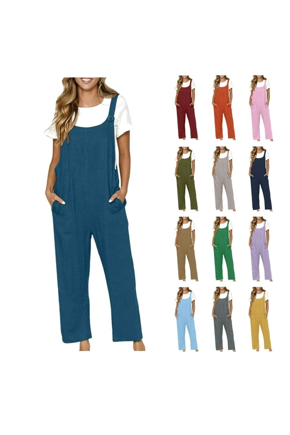 Plus Size One Piece Jumpsuits for Women Sleeveless Loose Fit Overalls Spaghetti Strap Casual Summer Linen Bib Rompers with Pockets Yellow,XXL