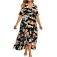 thumbnail image 1 of Brnmxoke Plus Size Wedding Guest Maxi Dress for Curvy Women Summer Casual Floral Empire Waist V Neck Short Sleeve Long Cocktail Dress 2025 Black,L, 1 of 4