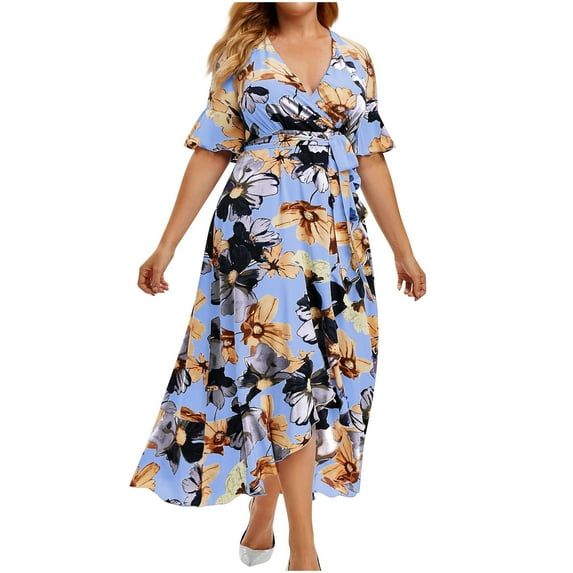 Brnmxoke Plus Size Wedding Guest Maxi Dress for Curvy Women Summer Casual Floral Empire Waist V Neck Short Sleeve Long Cocktail Dress 2025 Blue,XXXL