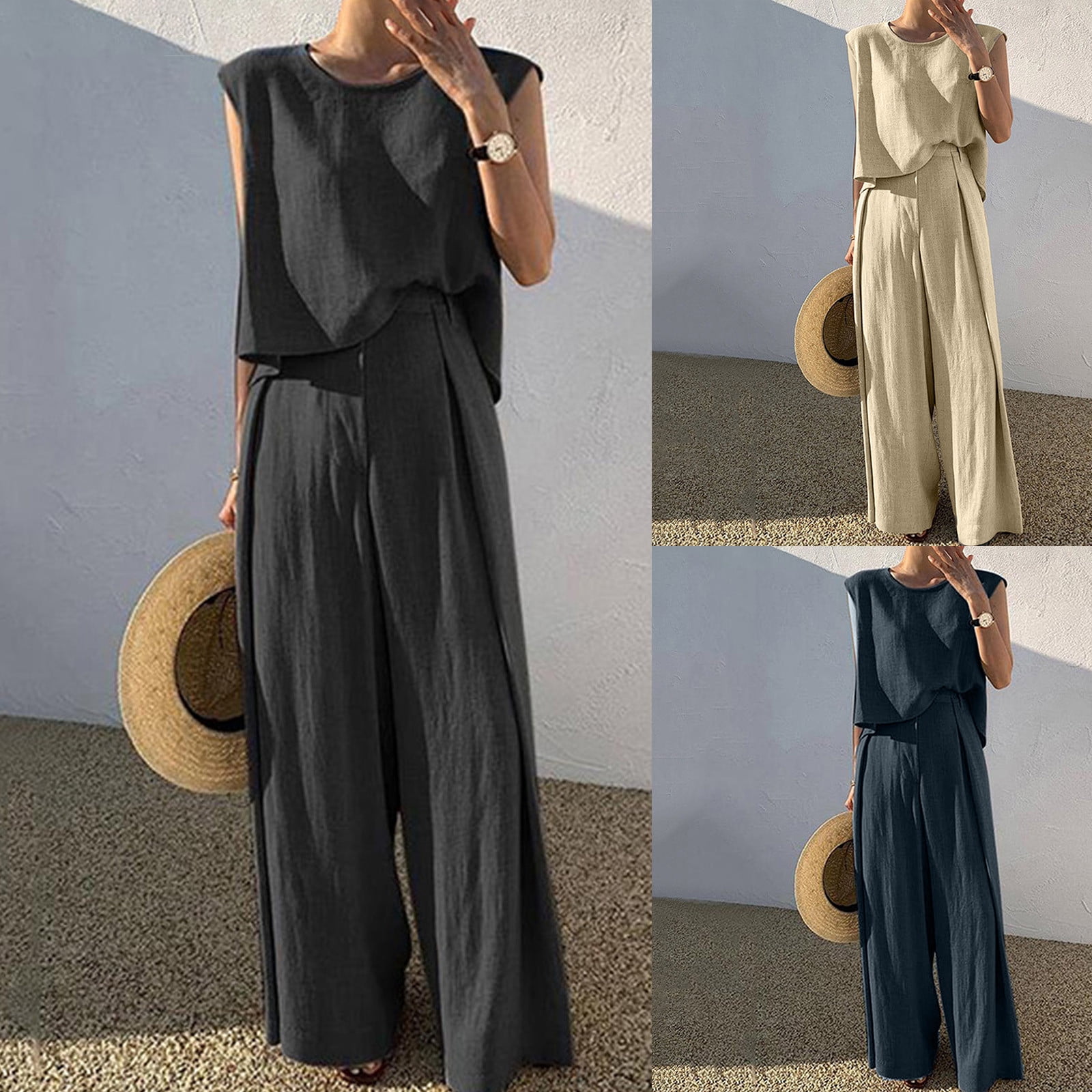 Plus Size V-Neck Wrap Tank Top And Wide Leg Pants Set main image 0