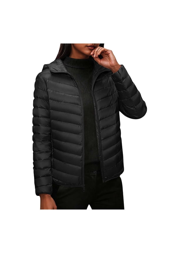 Puffer Coat Women with Hood Zip Up Plus Size Packable Solid Down Jackets Winter Trendy Long Sleeve Outwear Windproof Coats Black,L
