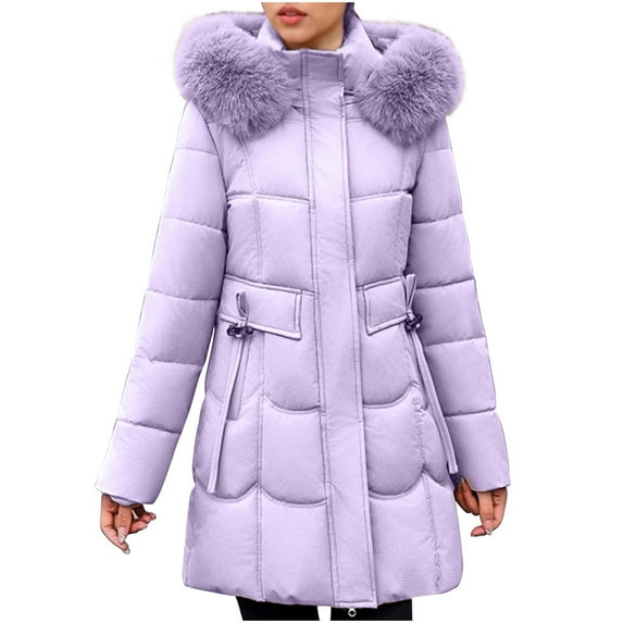 Brnmxoke Puffer Jacket Long Women Winter Thick Faux-Fur-Trim Hooded Bubble Jackets Plus Size Long Sleeve Outerwear Parka Coats with Pockets Purple,XL