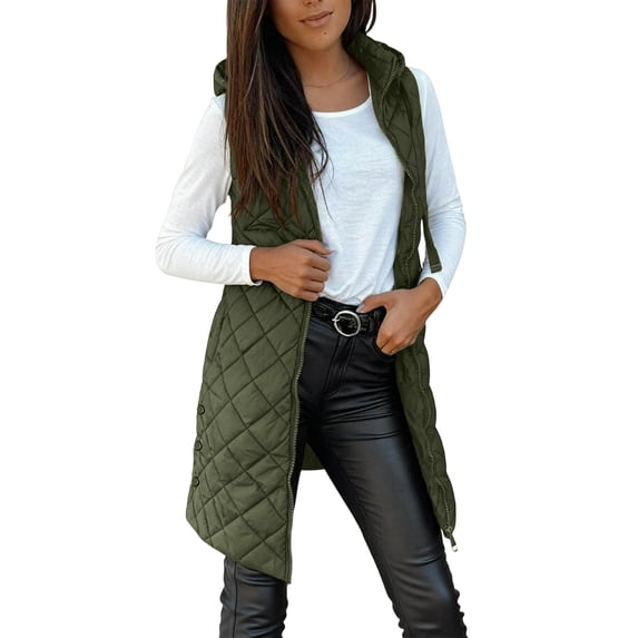 Brnmxoke Puffy Vest Women Long Lightweight Quilted Zip Up Hooded Vests Solid Casual Padded Winter Outerwear Down Jackets Green,M