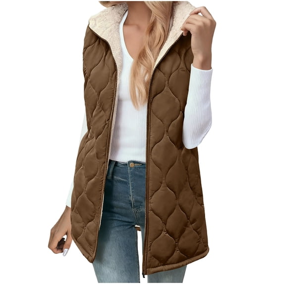 Brnmxoke Puffy Vest Women Long Zip Up Sleeveless Reversible Fleece Vests Hooded Pockets Warm Winter Outwear Down Jackets Brown,XXL
