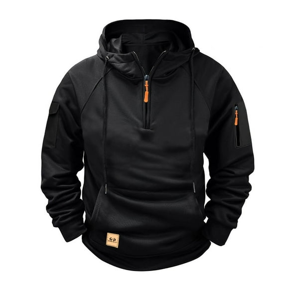 Brnmxoke Quarter Zip Mens Sweatshirt Cargo Hoodies Tactical Sweatshirt Pullover Hoodie Workout Gym Outdoor Hoodie Big and Tall Black,L