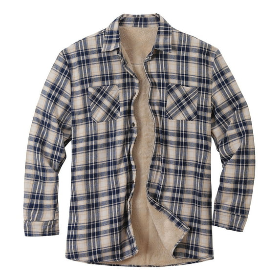 Brnmxoke Quilted Flannel Jackets for Men Cotton Sherpa Fleece Lined Plaid Shirts Button Up Collared Outerwear Coat with Pockets Black,L