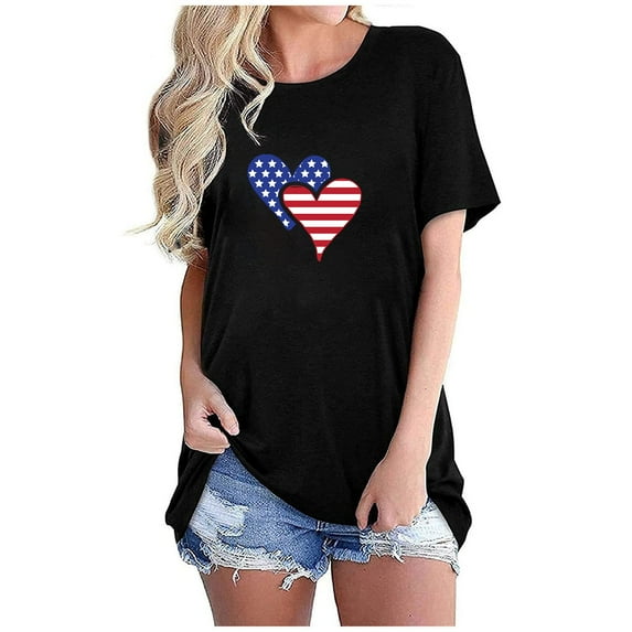 Brnmxoke Red White and Blue Shirts for Women,Women American Flag Heart Patriotic T-Shirt 4th of July Graphic Tees Shirts USA Flag Star Stripe Tops Black,XXL