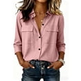thumbnail image 1 of Brnmxoke Retrolinen Cotton Womens Tops,Casual Summer Collared Button Down Shirts 3/4 Sleeve Blouse with Pockets Dressy Textured Solid Color Gauze Safari Top Pink,L, 1 of 7