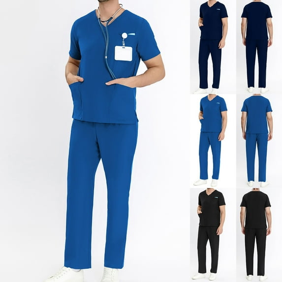 Brnmxoke Scrubs for Men Set Unisex Short Sleeve V-Neck Scrub Top & Yoga Jogger Pant Pocket Solid Nursing Clearance Sets Home Attendant Nurse Uniforms Black,XXL