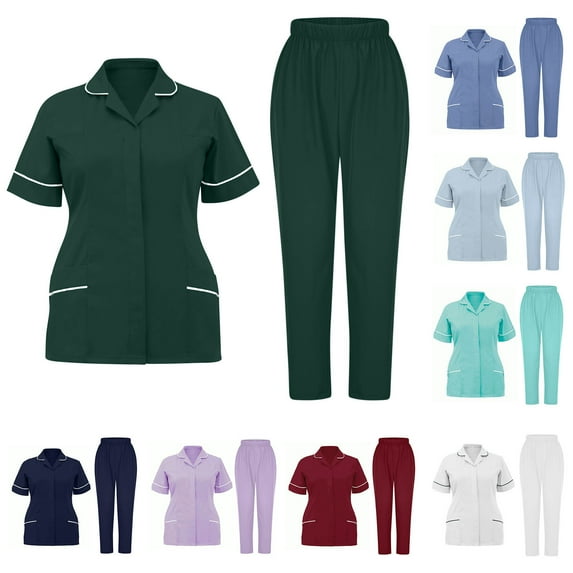 Brnmxoke Scrubs for Women Set Stretch V-Neck Button Top & Jogger Scrub Pants Sets with Pockets Yoga Waist Nursing Uniform Sets Dark Blue,S