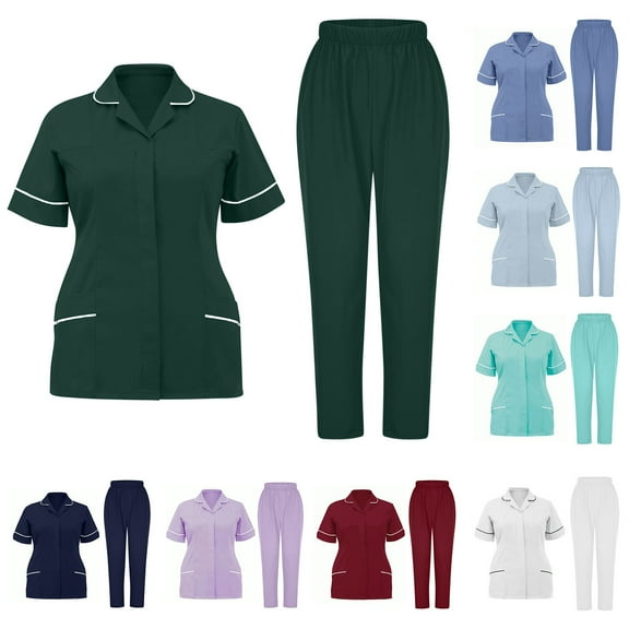 Brnmxoke Scrubs for Women Set Stretch V-Neck Button Top & Jogger Scrub Pants Sets with Pockets Yoga Waist Nursing Uniform Sets White,L