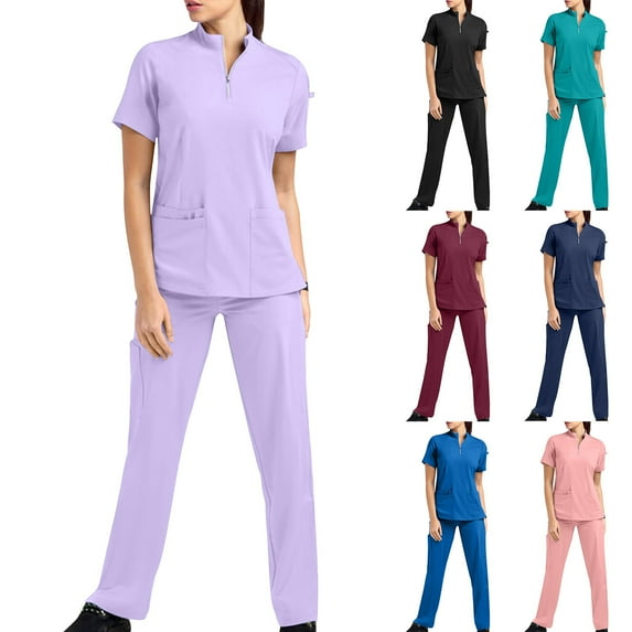 Brnmxoke Scrubs for Women Set - Stretch V-Neck Scrub Top & Jogger Pant with 8 Pockets Solid Color Short Sleeve Comfort Soft Nursing Uniform Blue,XL