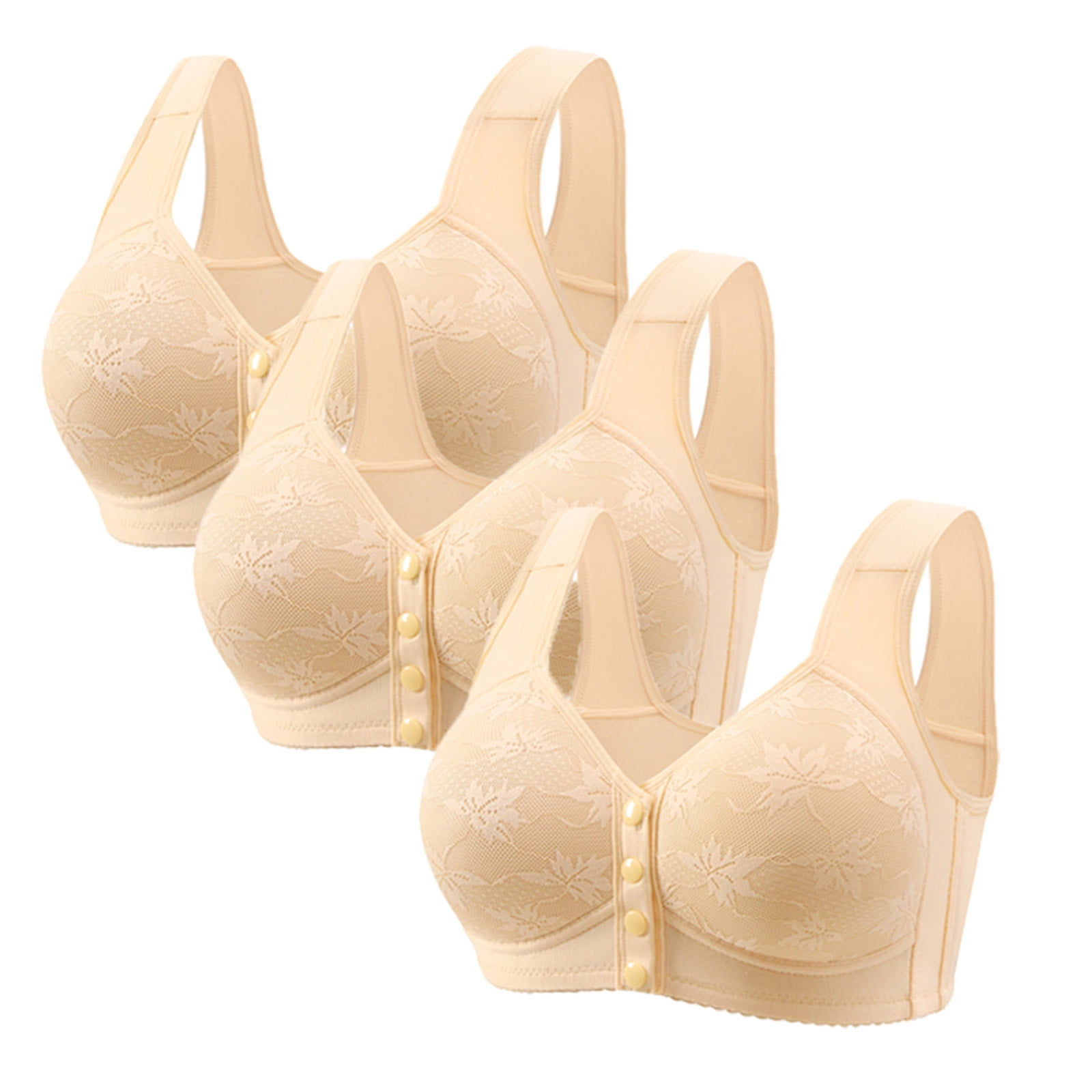 Brnmxoke Senior Bras Women 3 Pack Daisy Bras for Older Women Push Up No Underwire Full Coverage Front Closure Everyday Bras Beige,L