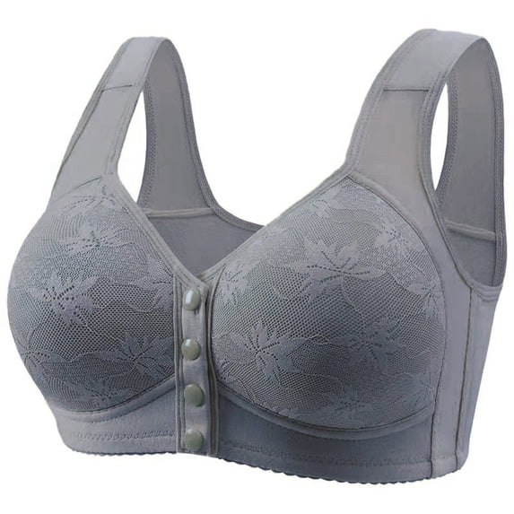 Brnmxoke Senior Woman Bras Front Closure Button Fly Lace Wireless Supportive Bras Seniors Full Coverage Posture Bra Plus Size Gray,XXXL