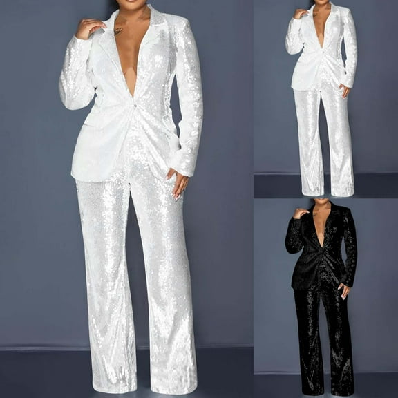 Brnmxoke Sequin Pants Suit for Women Party Night 2 Piece Outfits Blazer Sets Ladies formal Prom High Waist Glitter Pants Suits White,L