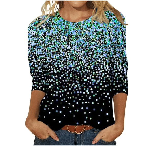 Brnmxoke Sequin Tops Women Plus Size Sparkle Print 3/4 Sleeve Dressy Shirts Glitter Crew Neck Party Night Blouses Elegant Shiny Tshirts Light Blue,XL