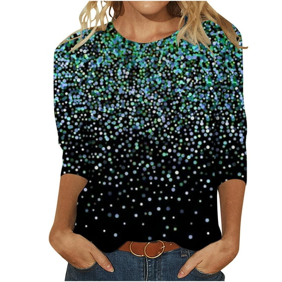 Brnmxoke Sequin Tops Women Plus Size Sparkle Print 3/4 Sleeve Dressy Shirts Glitter Crew Neck Party Night Blouses Elegant Shiny Tshirts Navy,XXXL