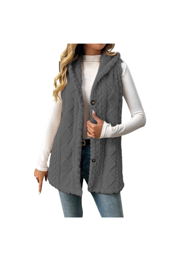 Sherpa Fleece Vest Women Button Down Insulated Winter Hooded Vests Sleeveless Soft Comfy Fuzzy Outerwear Jackets Gray,S