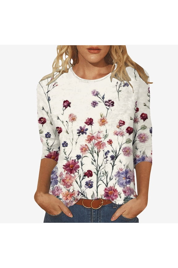 Shirts for Women Comfort 3/4 Length Sleeve Tops Casual Round Neck Tshirts Summer Trendy Floral Print Blouses Dressy 2025 Beige,M