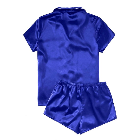 Brnmxoke Short Sleeve Satin Pajamas Women Silk Satin Pjs Button Down Sleepwear Summer Loungewear Top and Shorts Lounge Set 2025 Blue,M