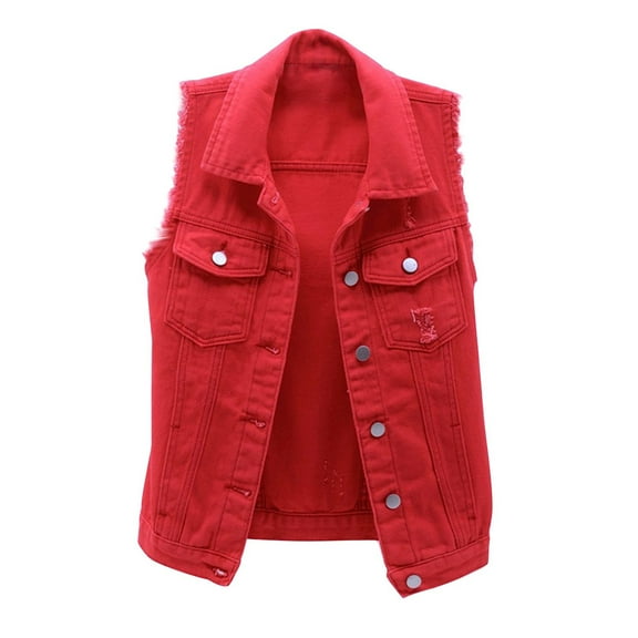 Brnmxoke Sleeveless Denim Vest Women Casual Jean Waistcoat Frayed Solid Ripped Vests Lapel Button Down Jackets with Pockets Red,XXXXL