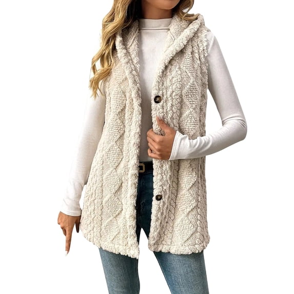Brnmxoke Sleeveless Sherpa Vest Women Button Down Fleece Winter Hooded Vests Lightweight Soft Comfy Fuzzy Outerwear Jackets White,XXL