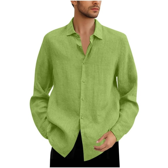 Brnmxoke Solid Color Linen Cuban Guayabera Shirts for Men 2025 Long Sleeve Cotton Linen Button Down Shirts Summer Fall Beach Tops Yellow,L