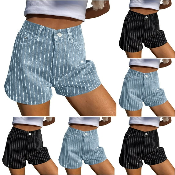 Brnmxoke Sparkle Rhinestone Denim Shorts for Women 2025 Summer Casual Short Jeans Trendy High Rise Jean Shorts with Pockets Black,M