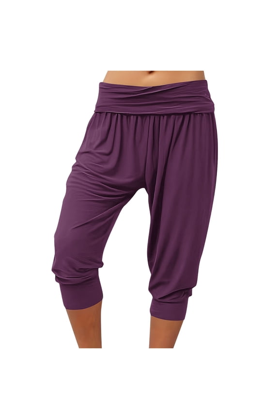 Sport Pants Women Capri Casual Stretchy Ruched Waist Harem Pant Loose Summer Dancing Yoga Fitness Workout Cropped Joggers Purple,S