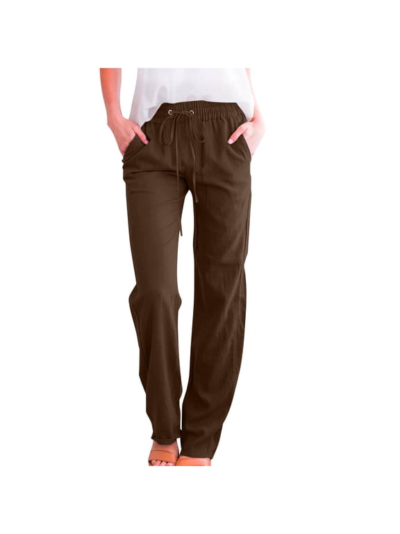Straight Trouser Pants for Women Casual Linen High Waist Pants Drawstring Loose Fit Summer Pants Lounge Trousers with Side Pockets 2025 Brown,S