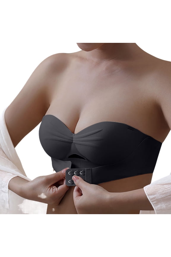Strapless Front Closure Bra for Women Low Support Non-Slip Crossover Bandeau Bra Seamless Adjustable Bra Padded Cozy Tube Top Bra