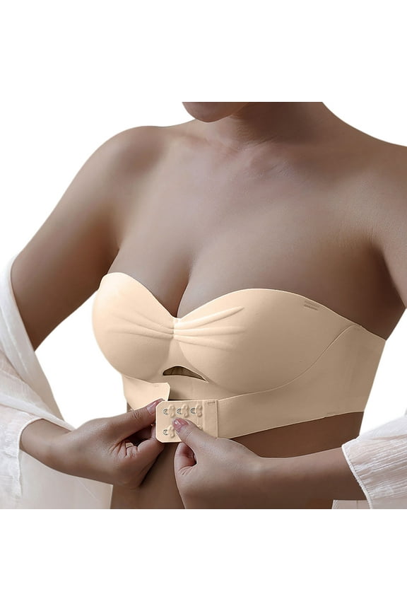 Strapless Front Closure Bra for Women Low Support Non-Slip Crossover Bandeau Bra Seamless Adjustable Bra Padded Cozy Tube Top Bra