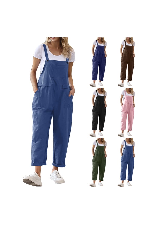 Summer Linen Jumpsuits for Women 2025,Women Long Casual Loose Bib Pants Overalls Baggy Rompers Jumpsuits with Pockets Blue,L