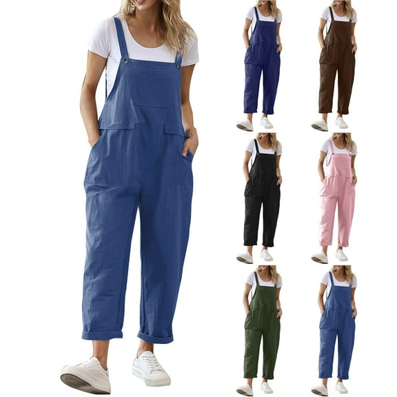 Brnmxoke Summer Linen Jumpsuits for Women 2025,Women Long Casual Loose Bib Pants Overalls Baggy Rompers Jumpsuits with Pockets Dark Blue,L